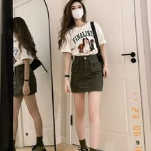 韩版新款辣妹工装军绿复古短裙女百搭个性前口袋设计显瘦修身短裙