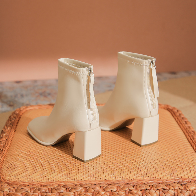 a7331方头高跟短靴女2023年新款白色增高粗跟瘦瘦靴子秋冬马丁靴