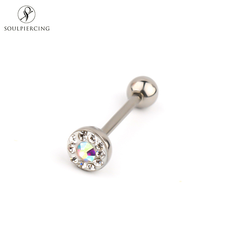 Stainless Steel Diamond-Embedded Tongue Pin Barbell Tongue Ring Body Piercing Ring Best Seller in Europe and America Titanium Steel Cross-Border Hot Girl Multi-Color