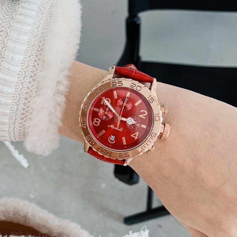 玛莎莉手表皮表带时尚腕表大表盘个性潮流六针表气质女士手表女
