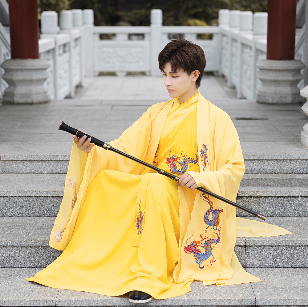 中国风古装明黄色龙袍汉服男士大码古风刺绣花传统日常套装三件套