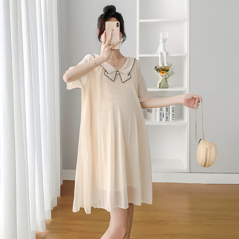 孕妇装夏装2022新款时尚潮妈娃娃领宽松雪纺百褶中长款连衣裙