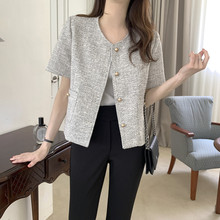 韩国chic夏季新品法式气质粗纺小香风单排扣开衫外套女