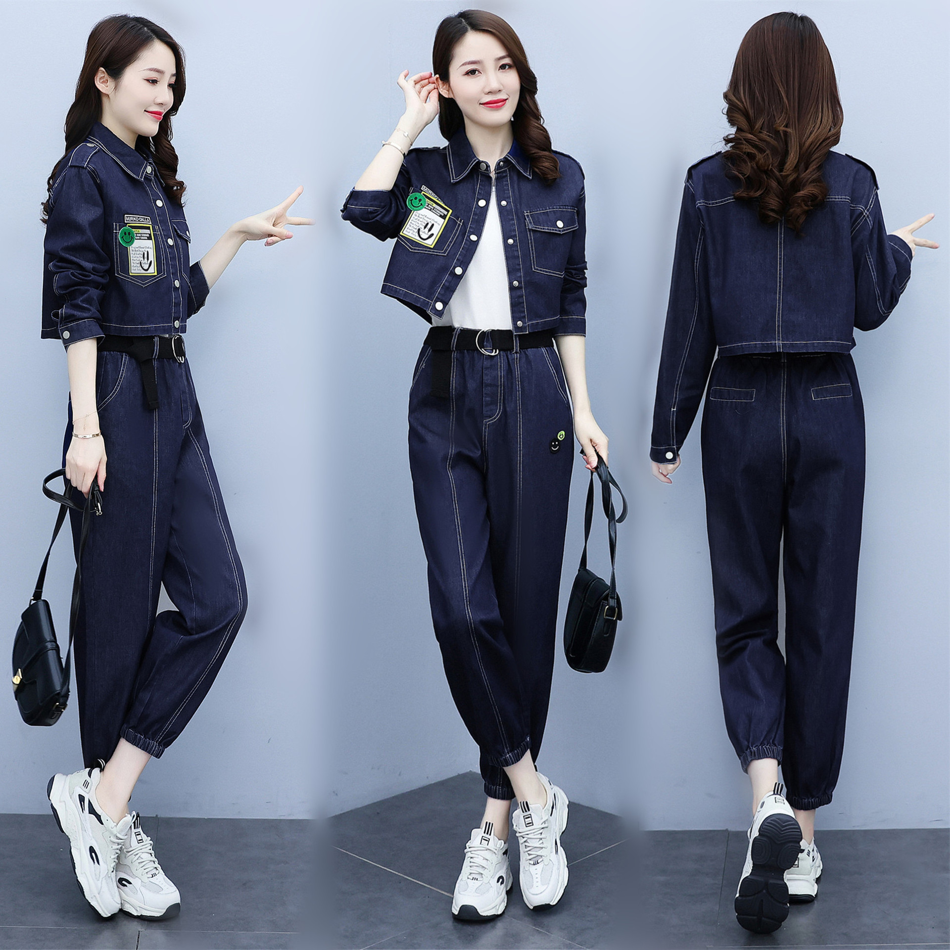 时尚牛仔套装长裤女春秋装2021新款女装小个子网红炸街减龄两件套