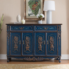 至高蓝色欧美式实木鞋柜彩绘四门雕花做旧复古描金玄关柜储物柜