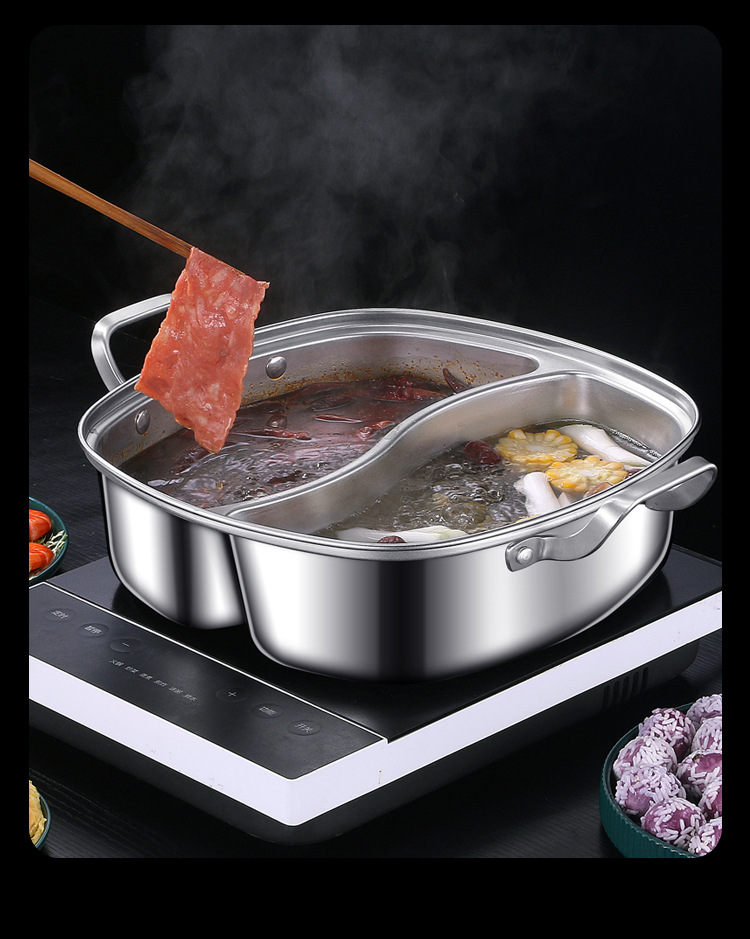 304不锈钢加厚鸳鸯锅 分隔一体火锅方形带盖二味锅家用大容量火锅