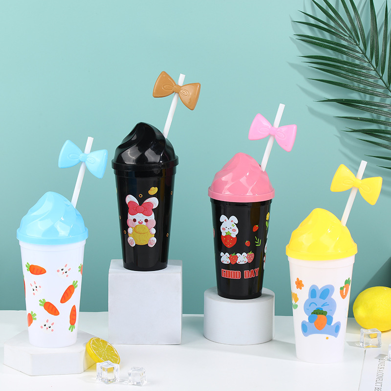 Cross-Border Hot Selling Cute Mickey Straw Water Cup Cartoon Good-looking Plastic Water Cup Household Children Plastic Cup in Stock