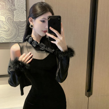 新中式改良旗袍套装黑色丝绒连衣裙女装秋冬季性感包臀长裙子