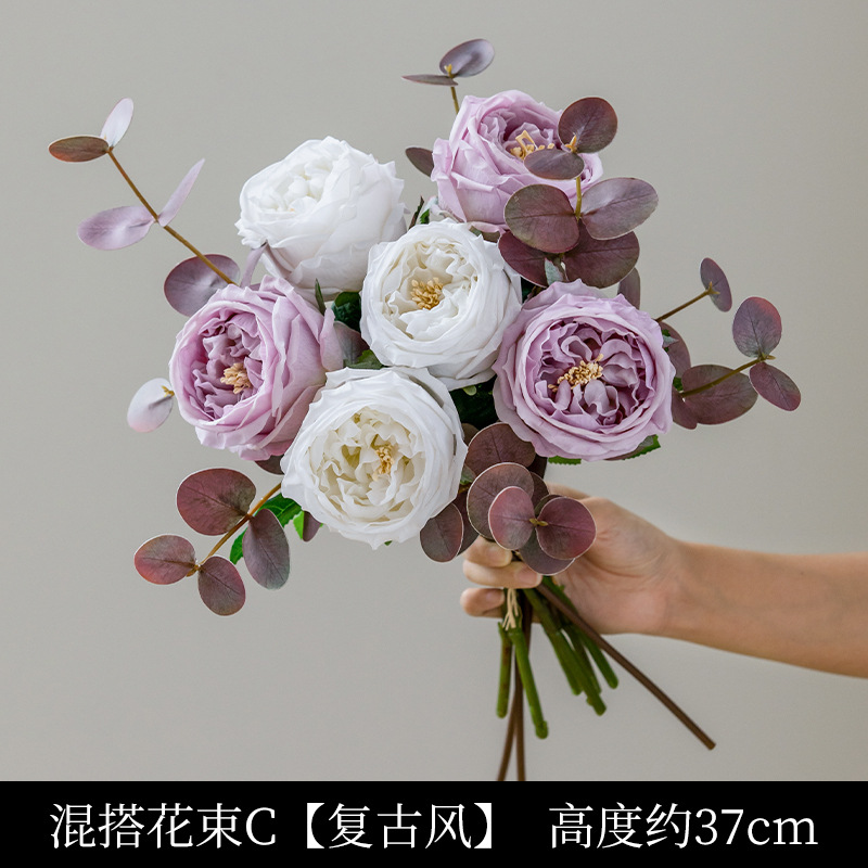 紫色玫瑰花仿真花假花客厅餐桌茶几装饰摆件手感保湿仿生花束摆设