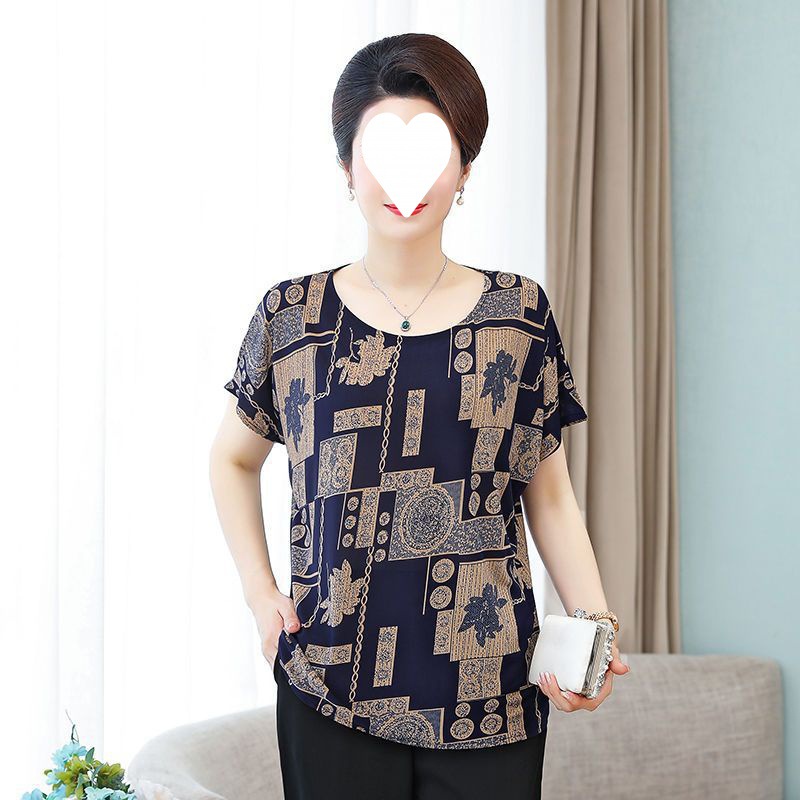 Middle-Aged and Elderly New Short-Sleeved T-shirt plus and Extra Size Mom Wear Summer 100.00kg Loose 2023 Grandma's Clothes Batwing Sleeve