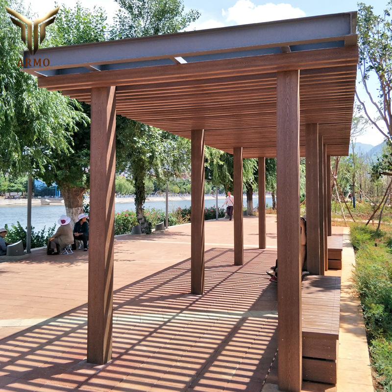 厂家供应塑木户外景观长廊停车棚凉亭 爬藤葡萄架花架塑木板材