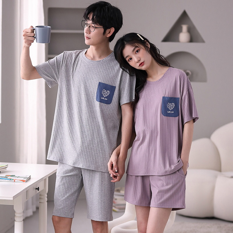 Modal Couple Pajamas Summer Short Sleeve Ice Silk Cotton Silk Cartoon Simple Homewear Men's Women's Suit Thin