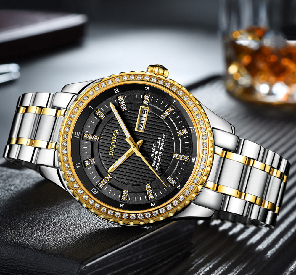 抖音爆款时尚男士镶钻双日历防水夜光手表实心钢带蝴蝶扣跨境热销