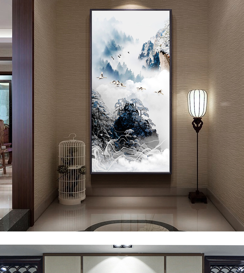 入户玄关装饰画中国风新中式竖版过道走廊背景墙画意境山水挂画
