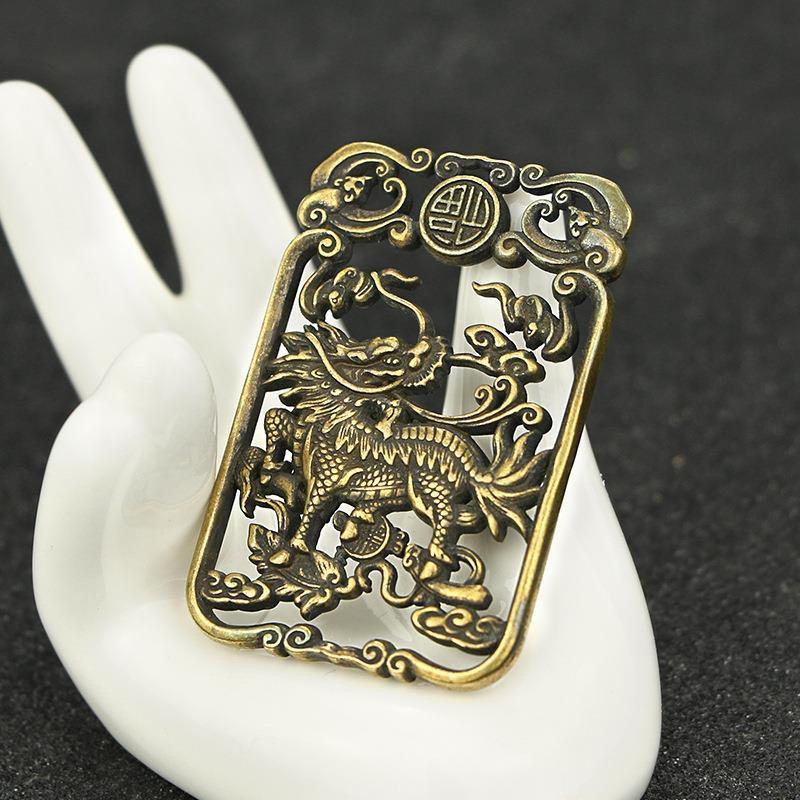 黄铜双面雕麒麟福牌挂件仿古瑞兽铜牌钥匙扣小铜器小礼品现货批发