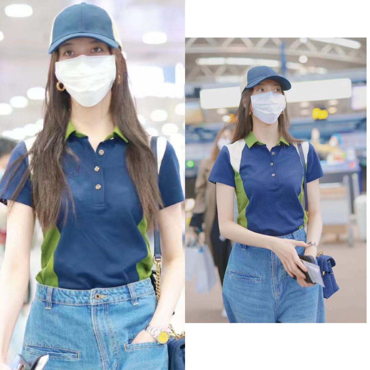 cc宋妍霏明星同款翻领短袖polo衫撞色拼接修身显瘦上衣t恤女夏潮