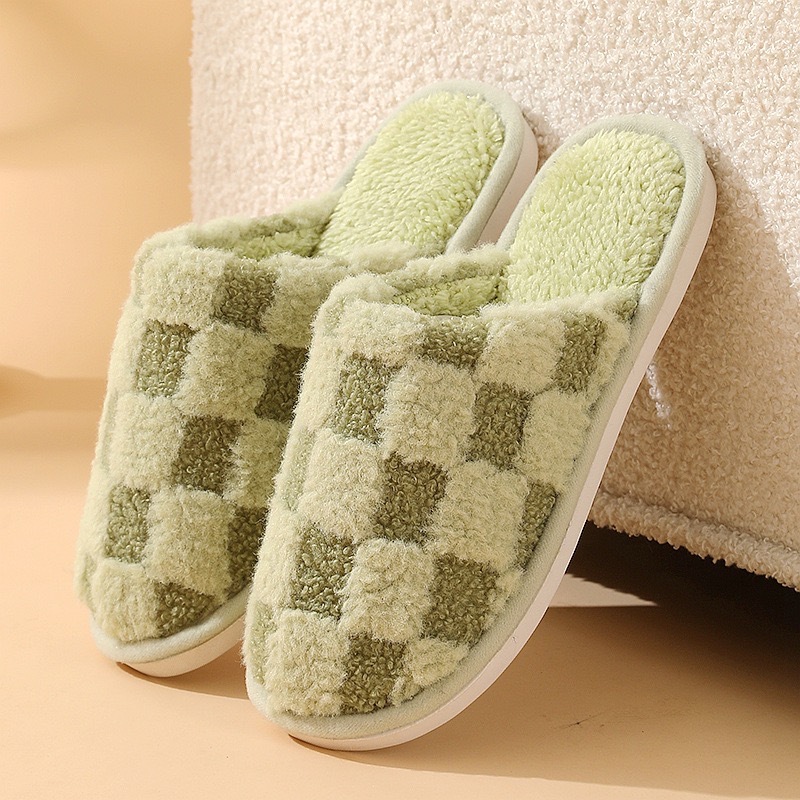 Autumn and Winter Plush Simple Plaid Home Indoor Floor Slippers Couple Warm Cotton Slippers Wholesale Dormitory