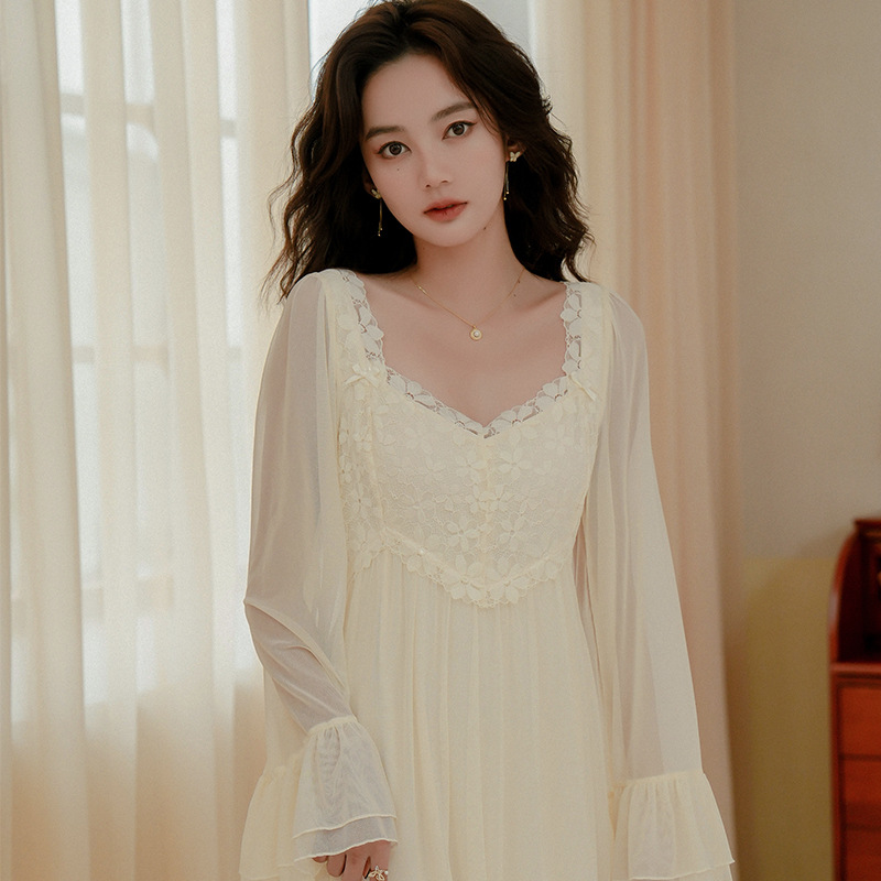 2022 French Style New Nightdress Princess Style Sweet Autumn Mesh Women's Long Pajamas Home Dress Can Be Worn outside