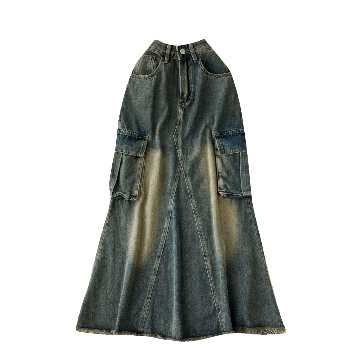 工装风做旧牛仔半身裙女早秋新款美式复古设计感口袋拼色中长裙子