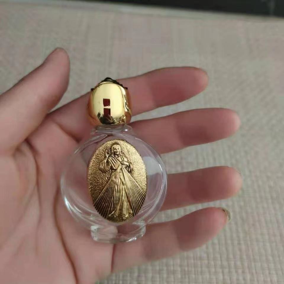 新款便携玫瑰花水晶玻璃合金浮雕圣像旅行专用圣水瓶天主教圣物