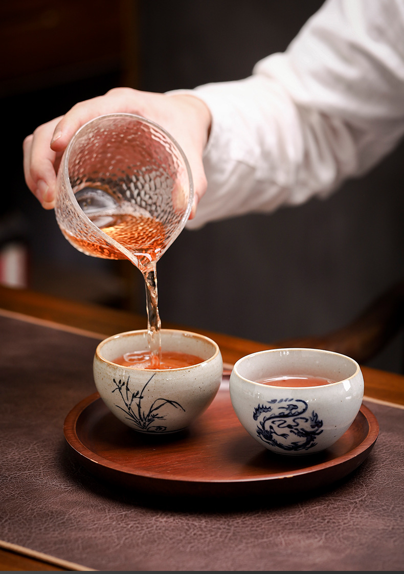 青花仿古草木灰茶杯陶瓷品茗杯单杯主人杯功夫茶具大号家用陶瓷杯