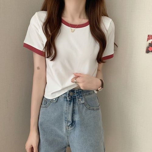 Contrast Color round Neck Short-Sleeved T-shirt for Women 2024 New Summer Bottoming Shirt Korean Style Slim-Fitting Short Student Top Fashion Women Clothes