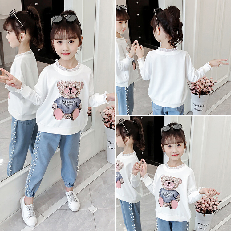 Girls' Sweater Spring Child Bear Printed Pullover Autumn Lace Long-Sleeved Bottoming Shirt Outer Wear One Piece Dropshipping