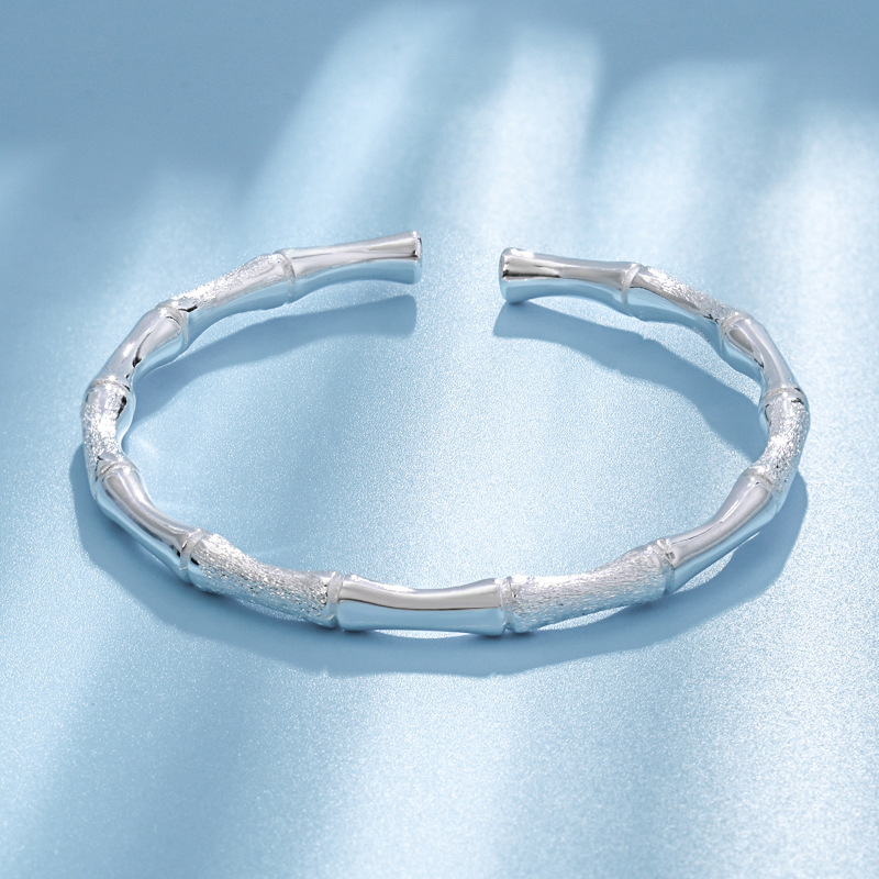 光面磨砂竹节开口实心手镯女简约竹子民族高级感小众白铜镀银手环