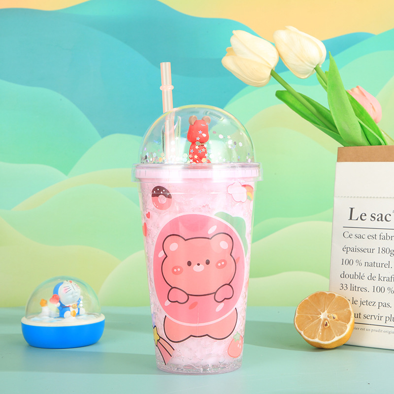 New Creative Bear Double Plastic Straw Cup Good-looking Cartoon Student Summer Ice Cup Cute Children's Water Cup