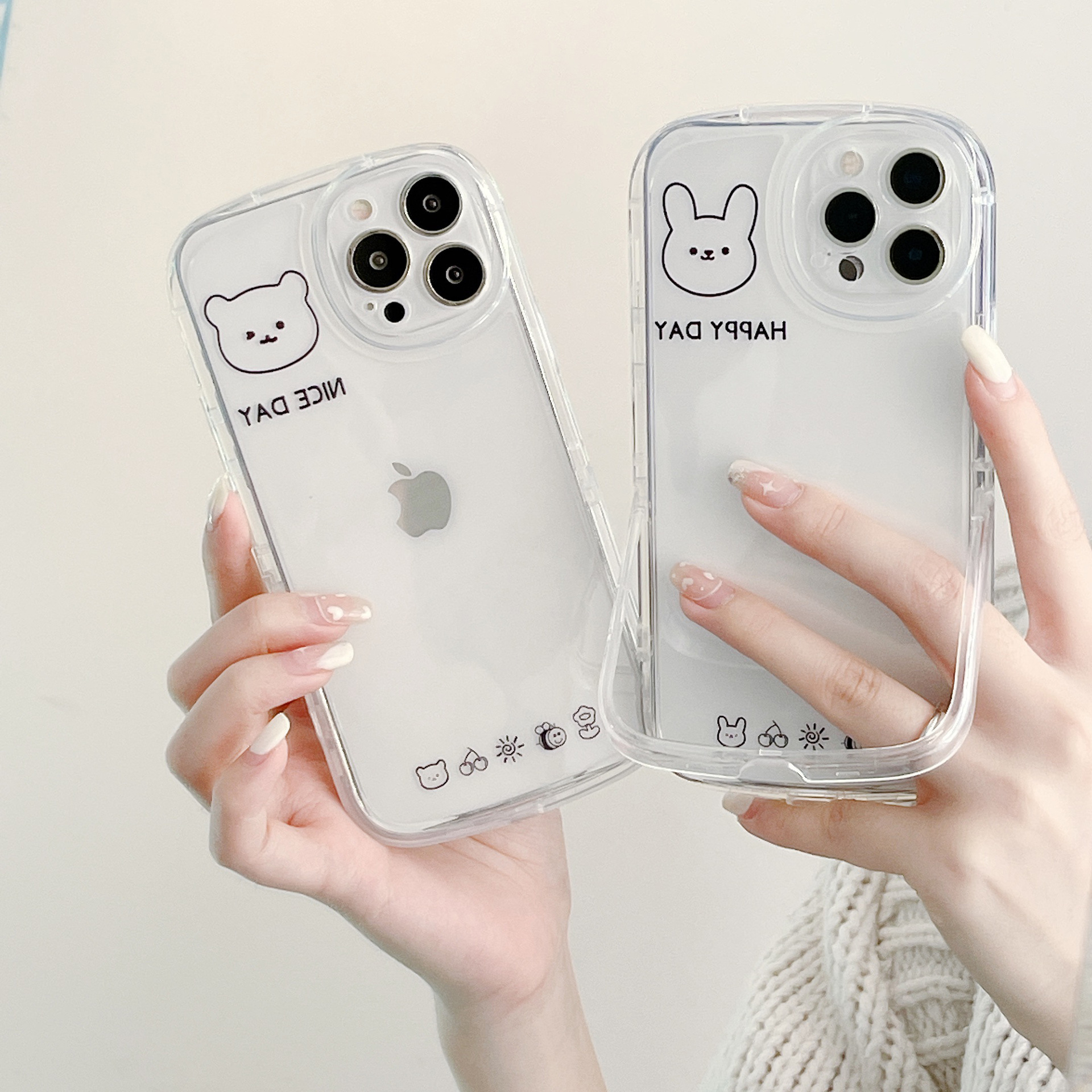 日韩ins简约小熊兔子适用iphone11promax支架12苹果13x透明手机壳