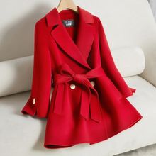 红色双面羊绒大衣女短款系带宽松显瘦羊毛呢外套2024春秋新款
