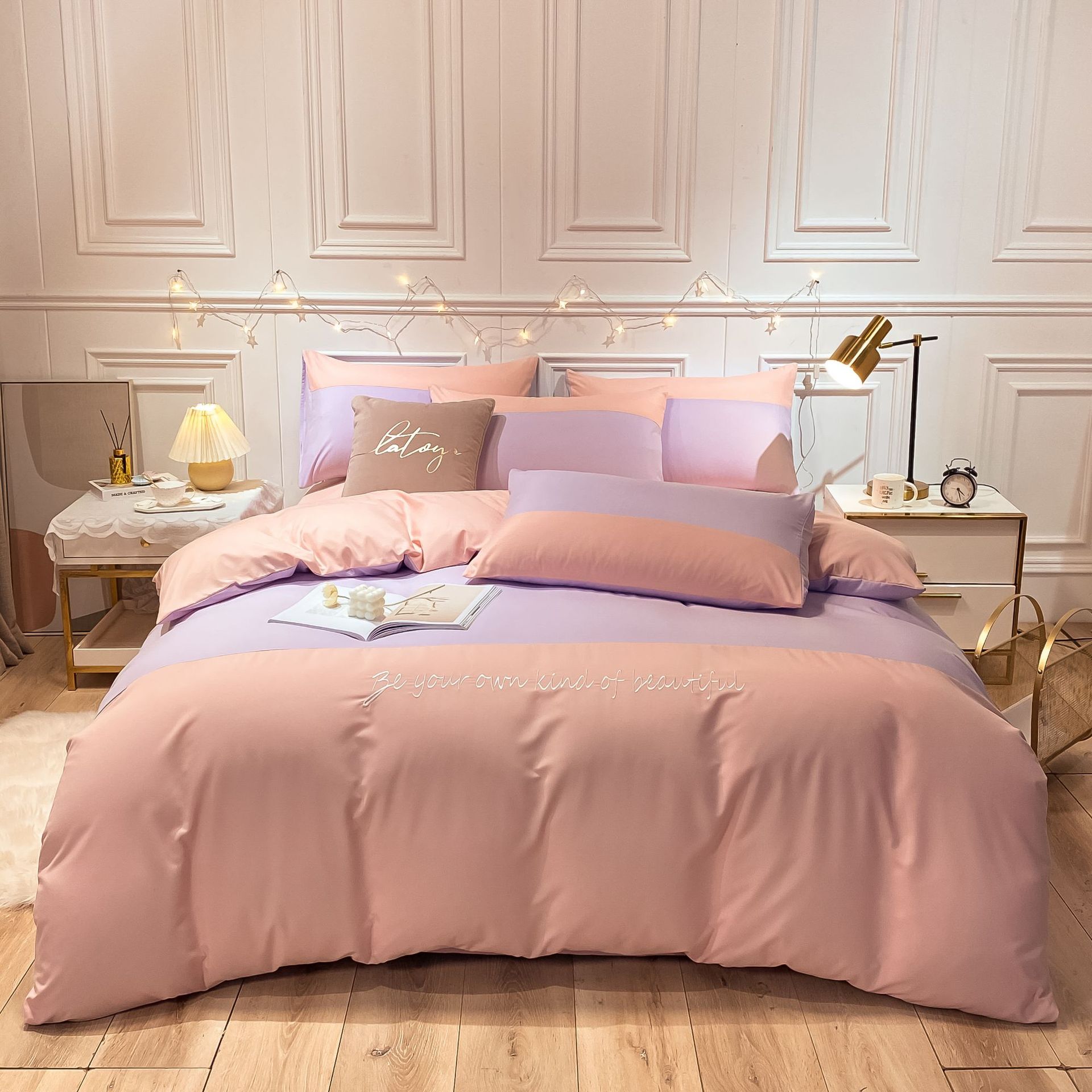 时尚双色拼接优质水洗棉四件套刺绣裸睡床单被罩床笠款床上用品厂