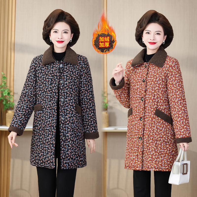 妈妈冬装棉衣洋气中长款加绒加厚棉袄中老年人女奶奶保暖棉服外套