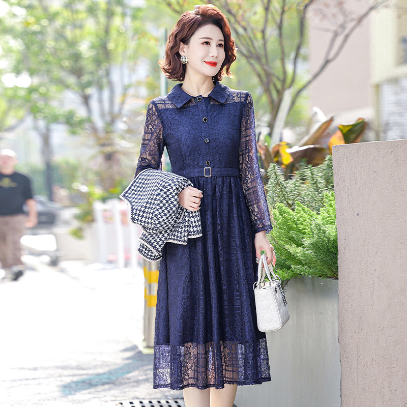时尚中年春季妈妈装40岁60中老年人蕾丝连衣裙婆婆装两件套女套装