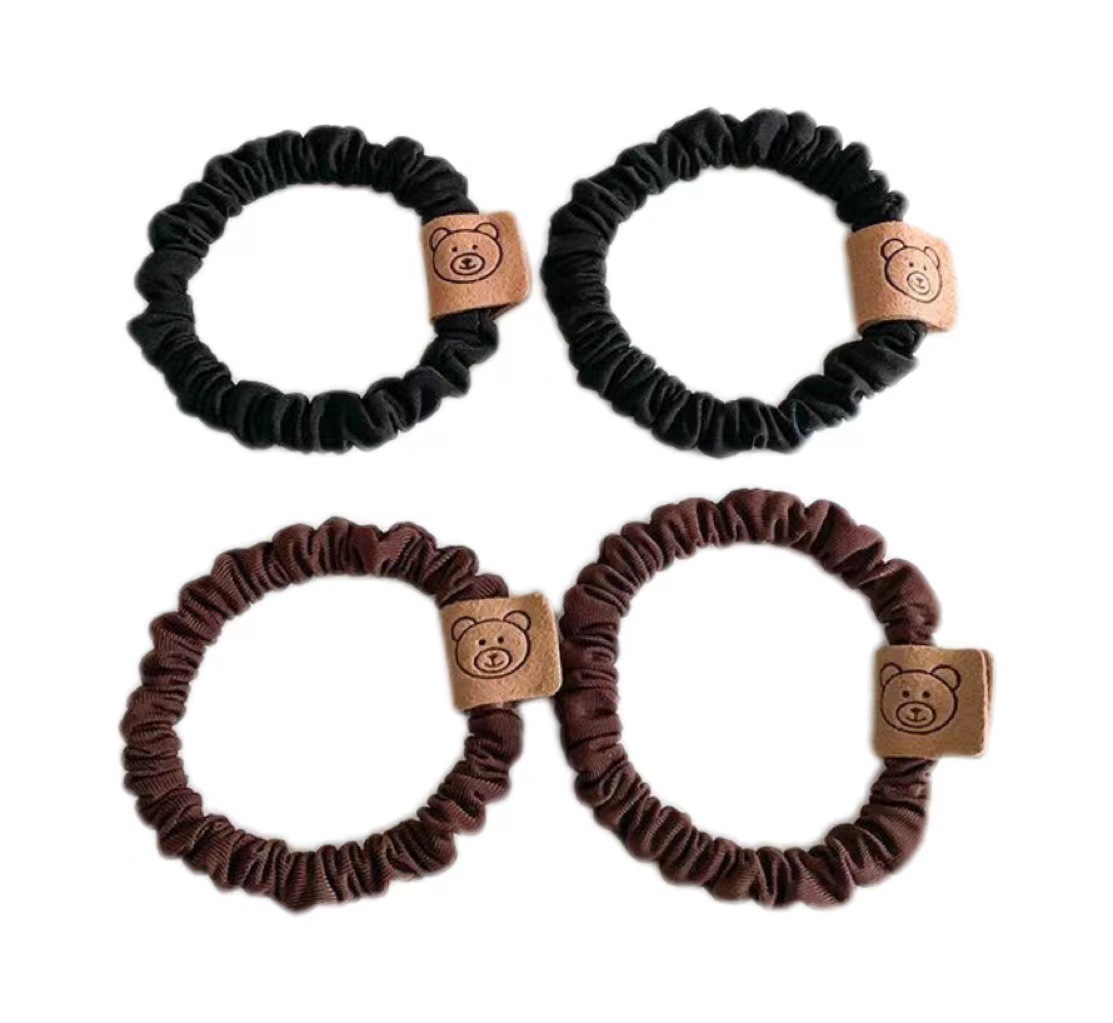 Korean Dongdaemun New Autumn and Winter Ice Silk Pleated High Elastic Base Rubber Band Cute Bear Labeling Leather Cover Hair Band