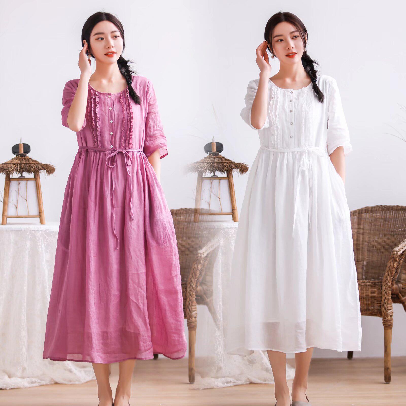 民族风五分袖文艺圆领纯色苎麻系带拼接内里包边中长款连衣裙女