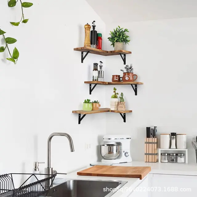 跨境墙角置物架铁艺悬挂壁架多功能转角置物架实木墙上隔板-阿里巴巴