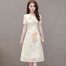 夏季新款印花高端连衣裙女减龄气质妈妈修身显瘦中国风改良版旗袍