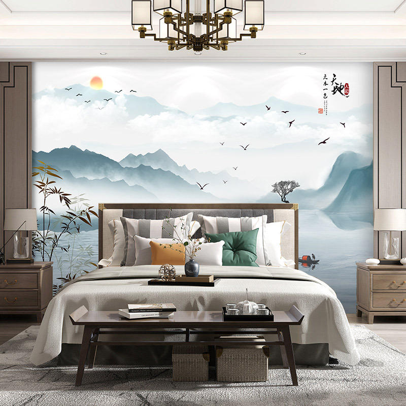 新中式壁画酒店床头电视背景墙壁纸客厅卧室山水墙纸沙发装饰墙布