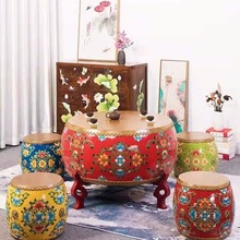 中式茶几圆形仿古实木彩绘牛皮鼓凳茶桌组合客厅多功能创意家具