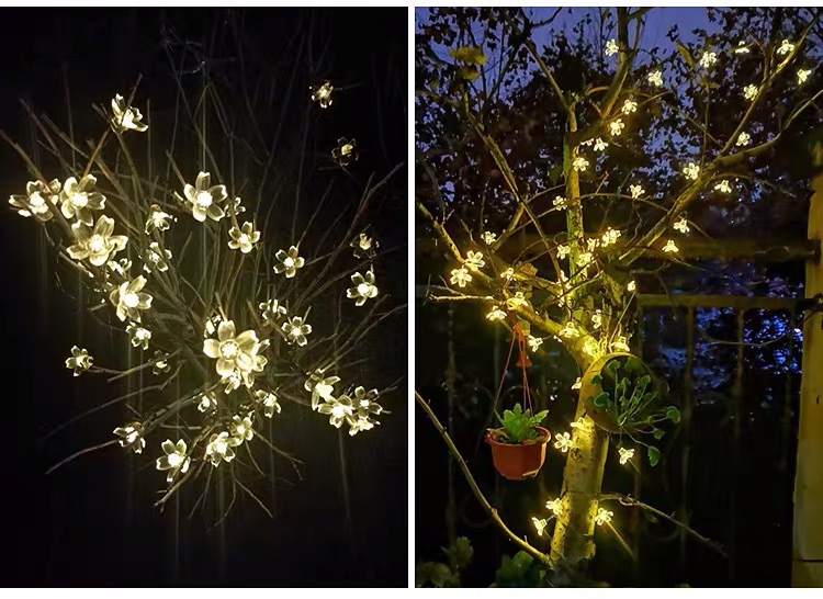 led太阳能灯串樱花花朵造型闪灯桃花灯串厂家批发圣诞节庭院装饰