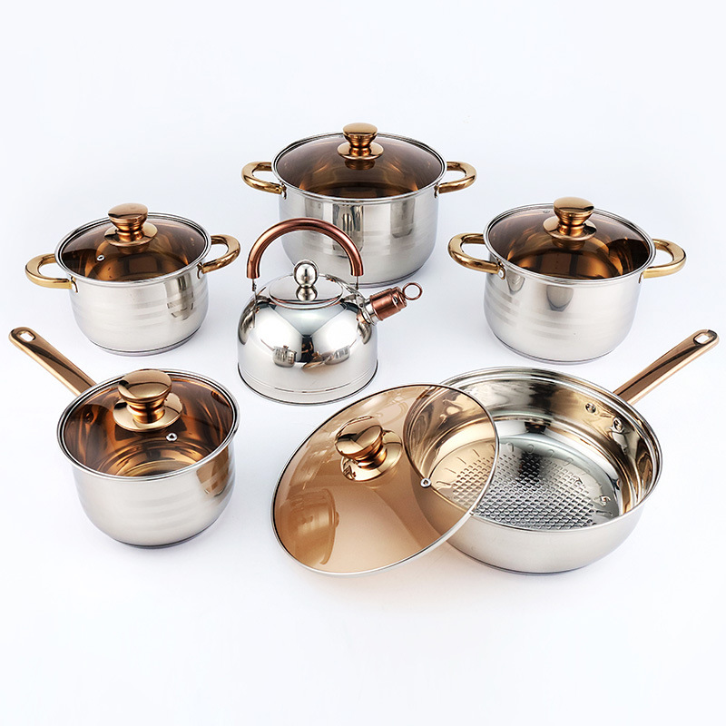 Cross-Border Supply Stainless Steel 12 Pieces Set Pot Induction Cooker Gas Stove Suitable for Kitchen Cooking European Style Pot Set