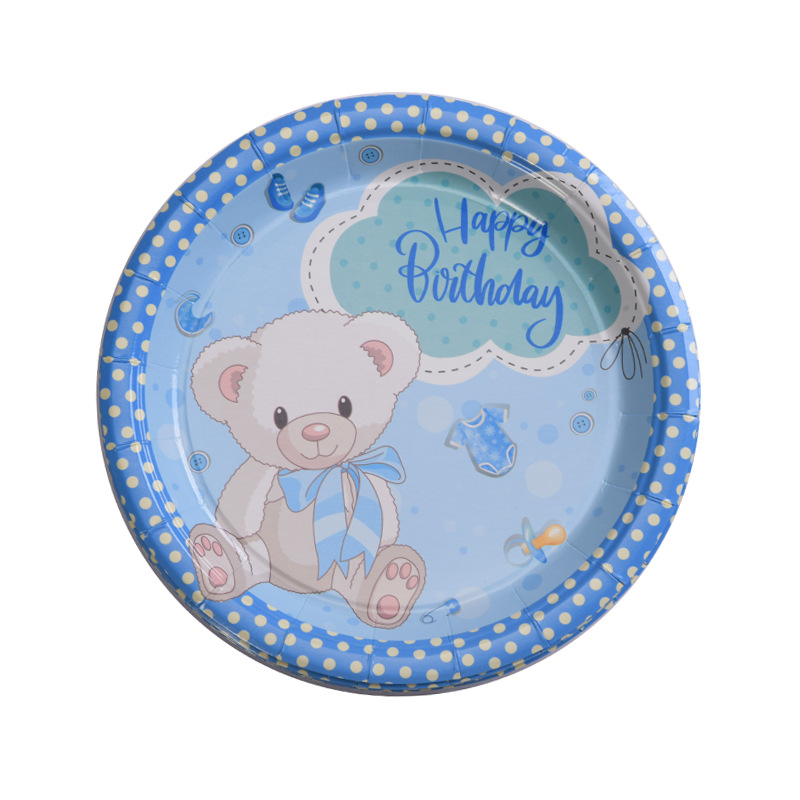 节假日派对一次性餐具用品可爱动物纸杯粉红小熊圆形纸盘货源批发