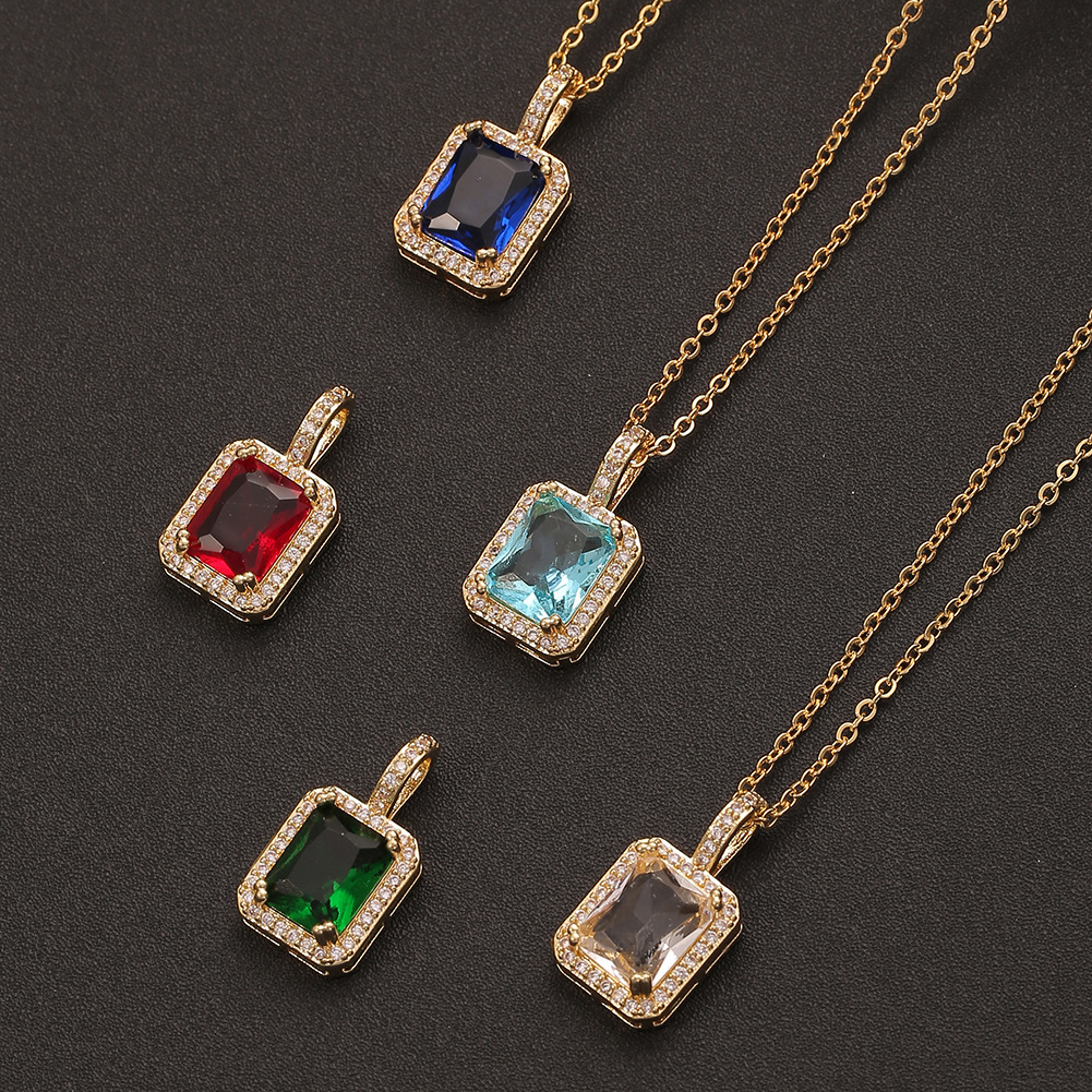 鸿玺欧美跨境电商货源铜微镶锆石吊坠长方形彩色宝石气质项链潮