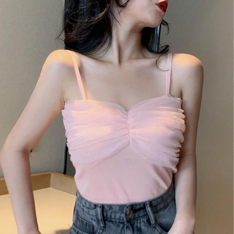 港味性感低胸蕾丝网纱针织吊带小背心女裸粉色豆绿色内搭外穿上衣
