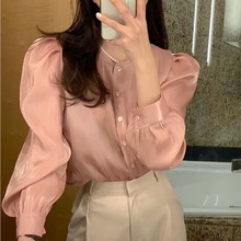 韩国chic2024春季新款气质百搭高级珠光丝滑泡泡袖衬衫女长袖