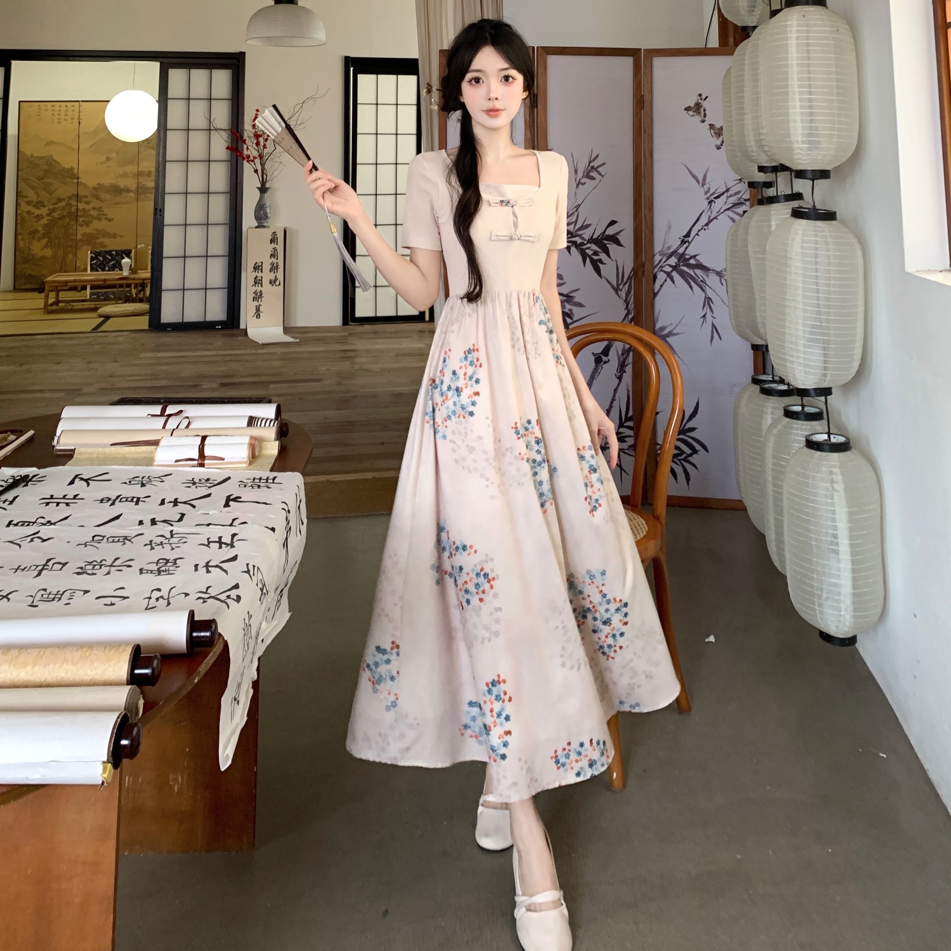 大码新中式方领复古印花连衣裙女夏季国风改良版汉服气质a字长裙