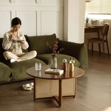原木风实木圆茶几小户型客厅家用侘寂风阳台日式中古藤编矮茶桌子