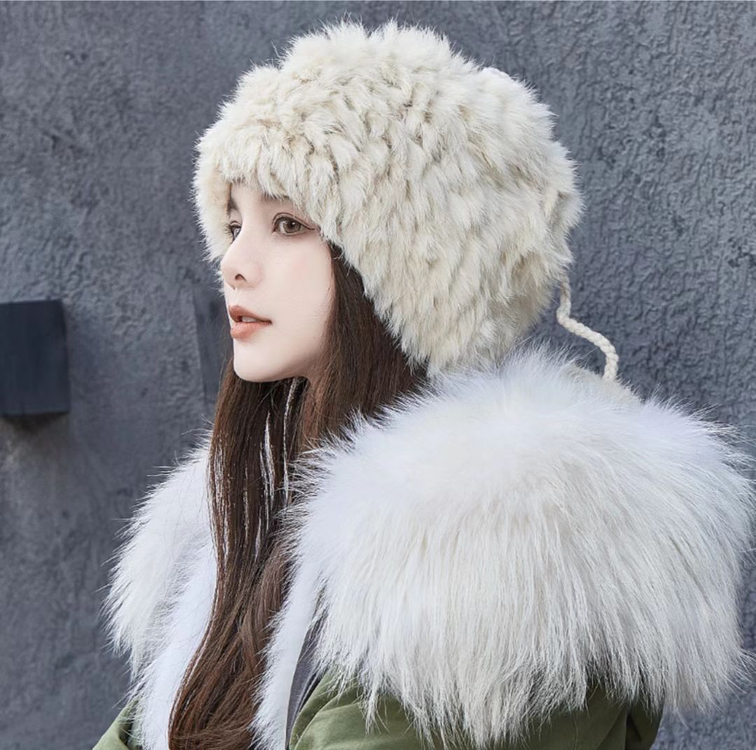 秋冬季防寒保暖真兔毛皮草帽子围巾围脖两用手工编织可爱女护耳帽