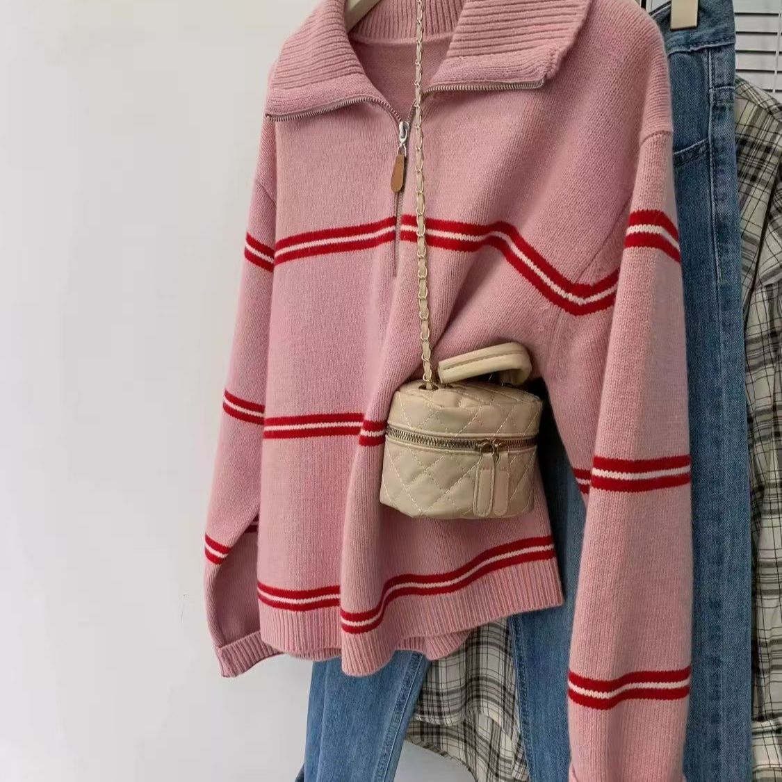polo领半拉链条纹毛衣慵懒针织衫针织套头卫衣2025新款灰色粉色
